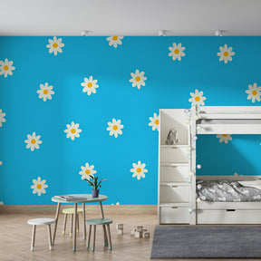 Floral mural wallpaper with white daisies decorating modern children's bedroom interior