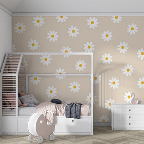 Sweet daisy wallpaper for kids playroom featuring white flowers and yellow centers on beige