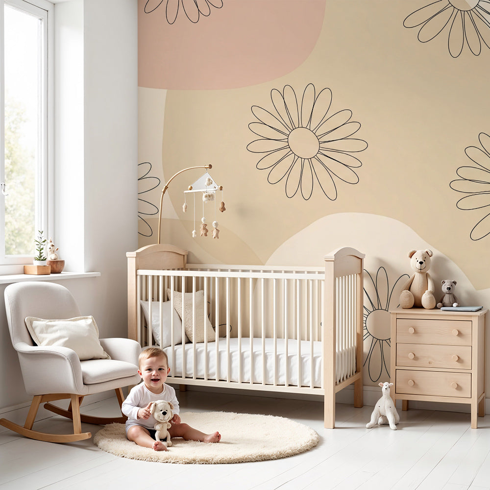 Kids-Mundo daisy outline wall mural styled in a soft blush and beige nursery.