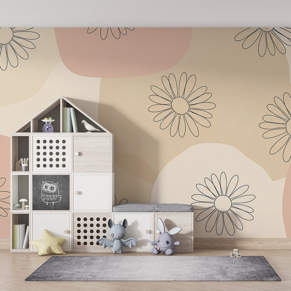 Kids-Mundo blush daisy wall mural styled in a bright, playful children's playroom.
