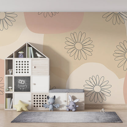 Kids-Mundo blush daisy wall mural styled in a bright, playful children's playroom.