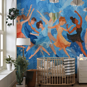 Artistic dance mural wallpaper featuring colorful dancers on blue backdrop for kids room decor