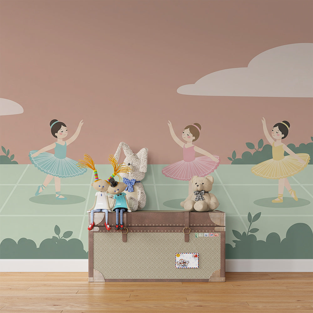 Kids-Mundo ballerina meadow mural covering a wall in a young girl's bedroom