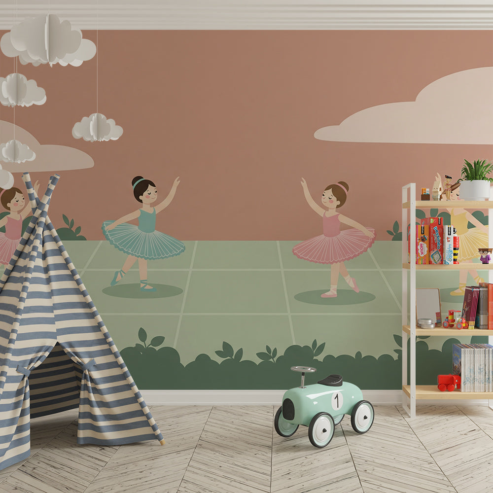 Kids-Mundo dancing ballerinas wall mural fitted in a playroom for active play