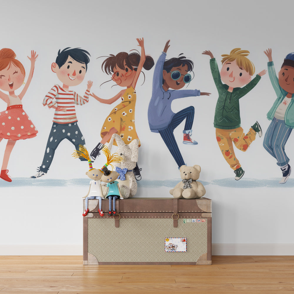 Colorful dancing children wallpaper creating joyful atmosphere in kids bedroom