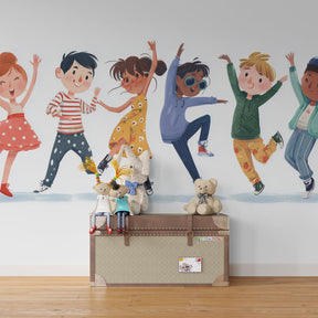 Colorful dancing children wallpaper creating joyful atmosphere in kids bedroom