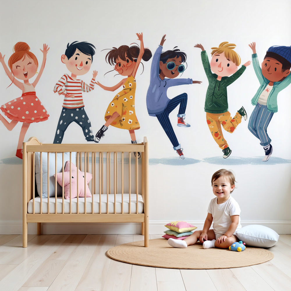Dancing kids mural wallpaper in bright playroom setting with toys by Kids-Mundo