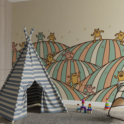 Kids bedroom wall styled with a Kids-Mundo dancing monster mural in pink, yellow and teal tones.