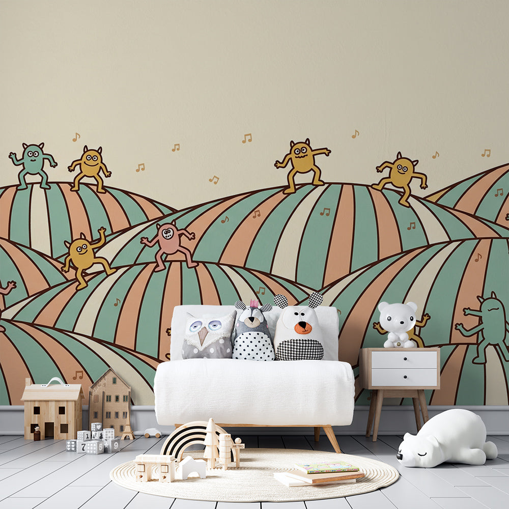 Playroom feature wall with a Kids-Mundo dancing monster wall mural and playful floating musical notes.