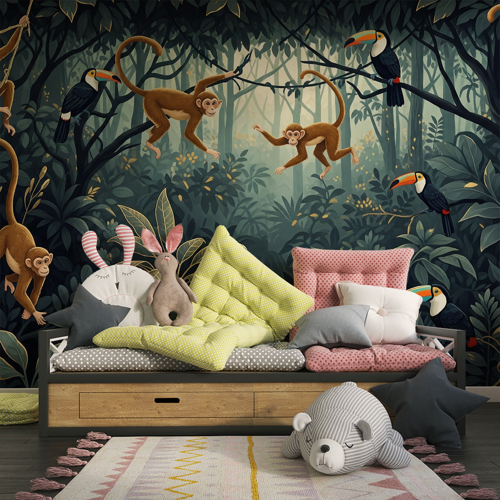 Kids-Mundo dark forest monkey mural with toucans shown on a kids bedroom wall