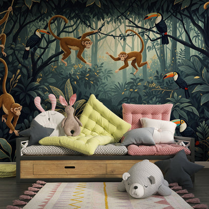 Kids-Mundo dark forest monkey mural with toucans shown on a kids bedroom wall