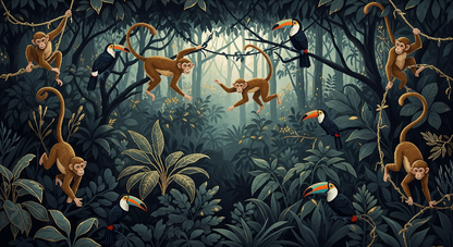 Kids-Mundo flat artwork of monkeys swinging through a moonlit forest with toucans