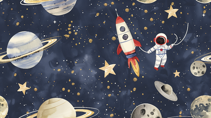 Kids-Mundo deep space wall mural flat artwork with astronaut, rocket and planets