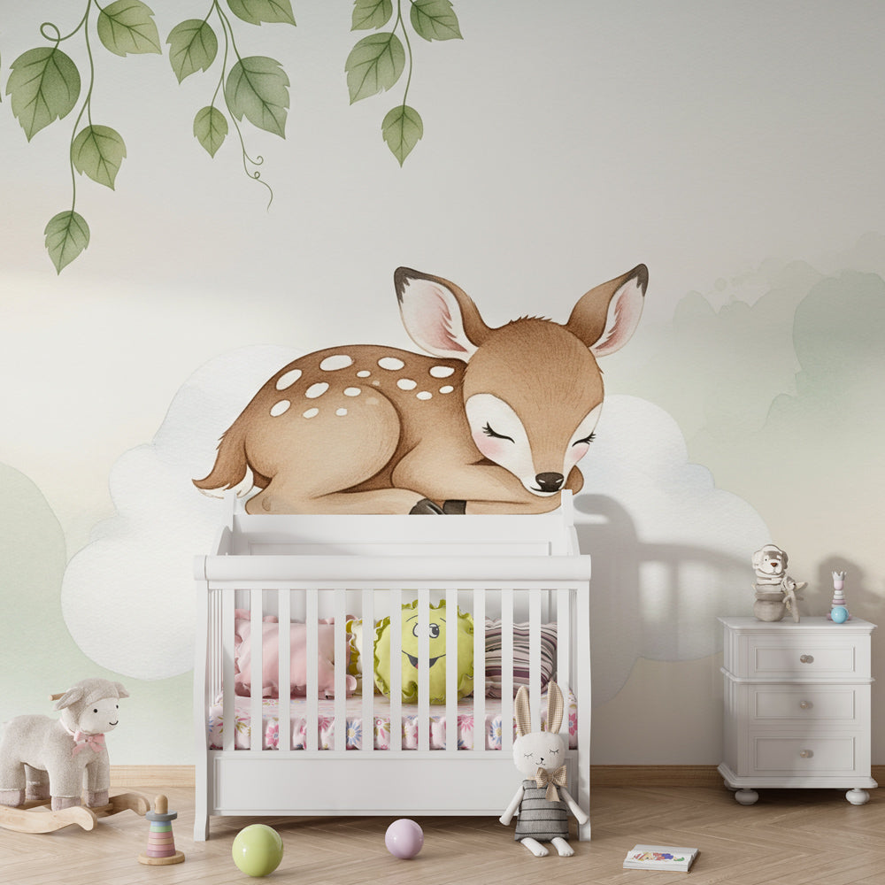 Woodland deer mural wallpaper with soft pastels in modern kids bedroom decor