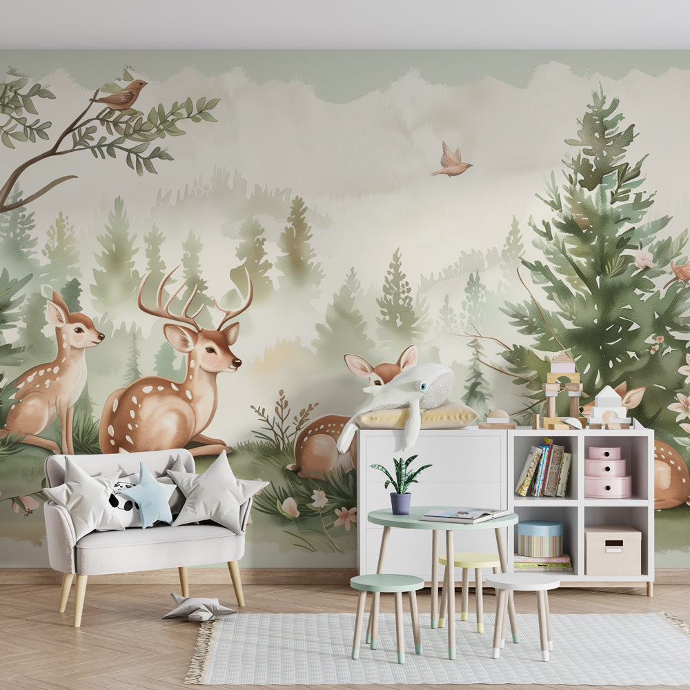 Kids-Mundo woodland deer wall mural covering a feature wall in a child's bedroom.