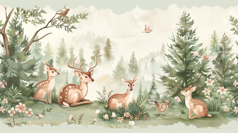 Deer Family in a Flowering Woodland Wall Mural