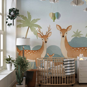 Forest deer mural wallpaper creating magical children's bedroom atmosphere with starry sky