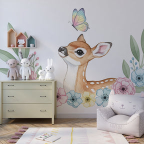 Woodland deer mural wallpaper with delicate flowers for serene baby room by Kids-Mundo