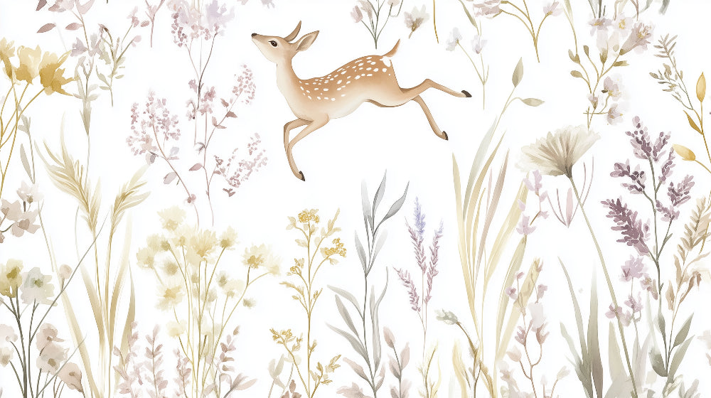 Detailed leaping fawn and pastel wildflowers mural wallpaper design pattern by Kids-Mundo