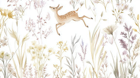 Detailed leaping fawn and pastel wildflowers mural wallpaper design pattern by Kids-Mundo