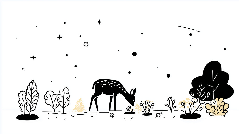 Detailed deer floral mural wallpaper design pattern with black white gold tones by Kids-Mundo