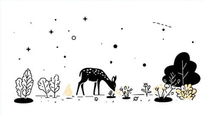 Detailed deer floral mural wallpaper design pattern with black white gold tones by Kids-Mundo
