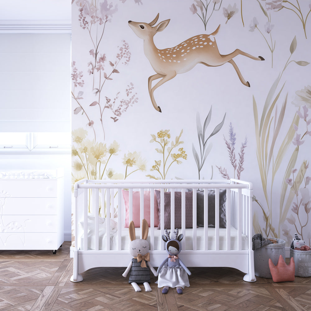 Watercolor deer and wildflower mural wallpaper creating peaceful toddler room atmosphere