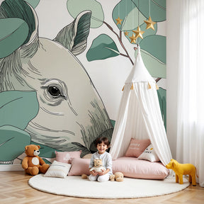Deer forest mural wallpaper in modern nursery with natural wood crib by Kids-Mundo