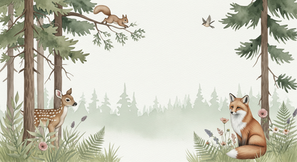 Flat artwork of the Kids-Mundo forest wall mural design featuring a fawn, fox and squirrel