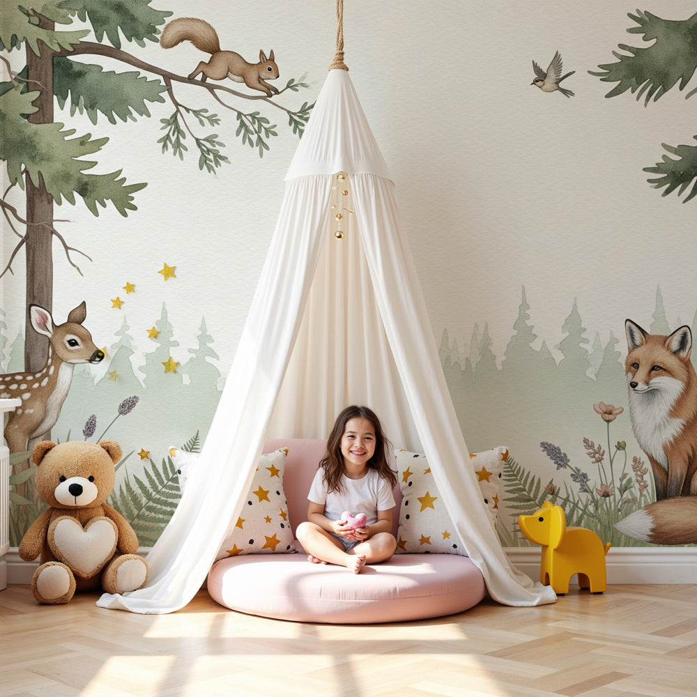 Deer and fox forest wall mural by Kids-Mundo styled in a soft, sunlit nursery room