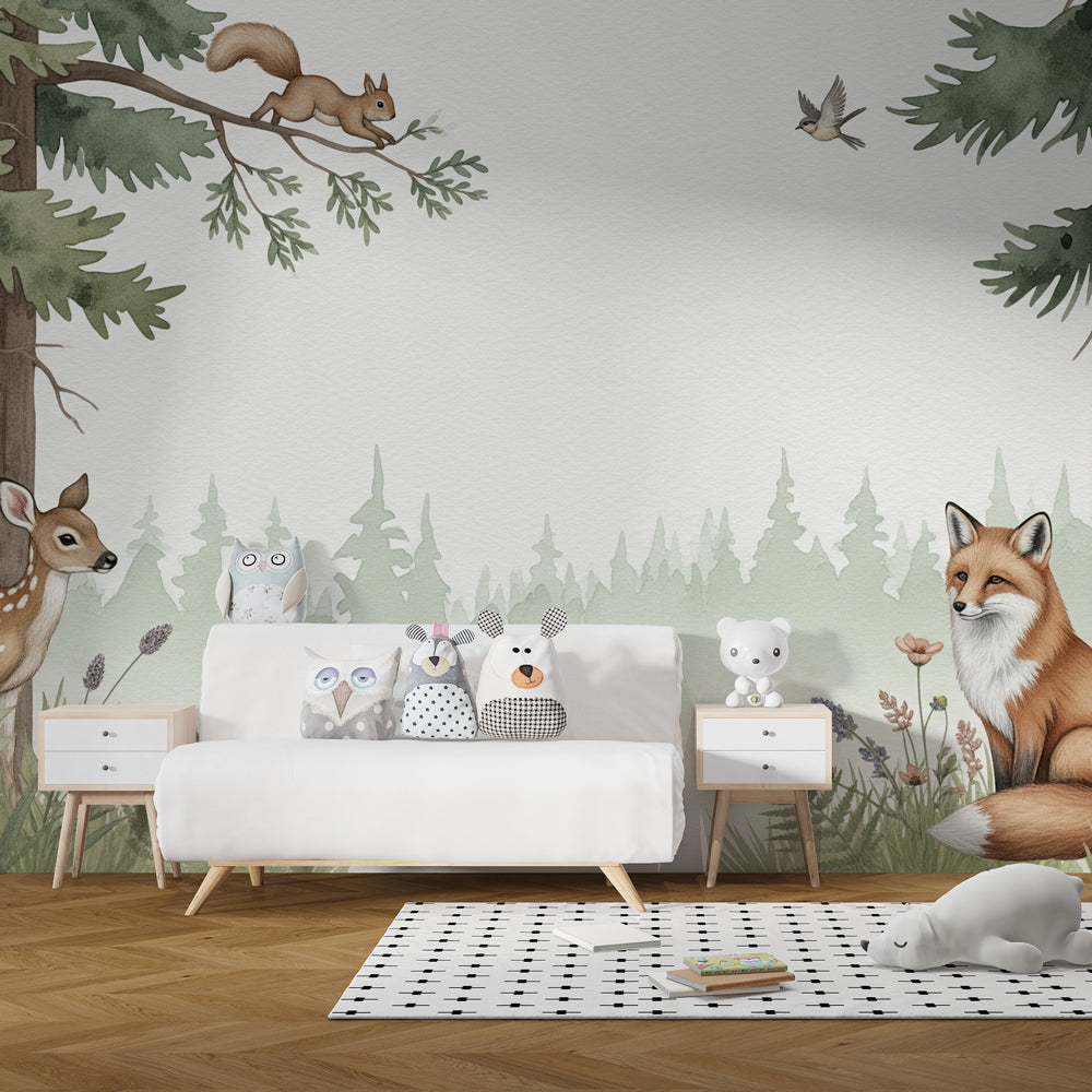 Forest wall mural by Kids-Mundo bringing a calm woodland scene to a children's playroom