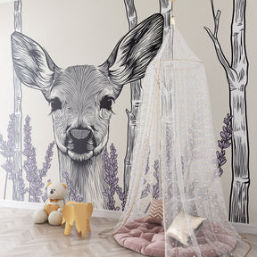 Forest deer wallpaper in kids bedroom with neutral tones and calming lavender design by Kids-Mundo