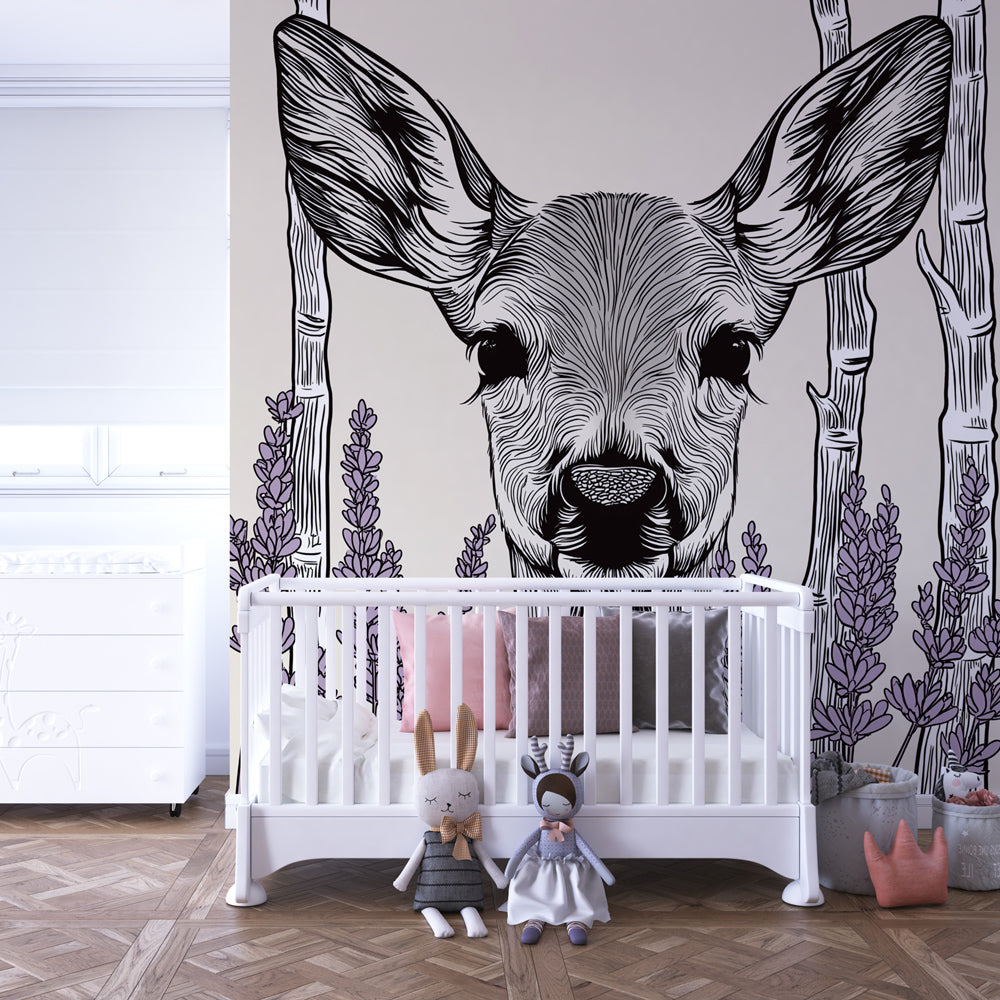Nature inspired deer mural wallpaper transforming children's room into serene woodland space