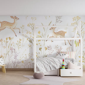 Nature-inspired deer mural wallpaper in modern kids room with pastel colors and botanical design
