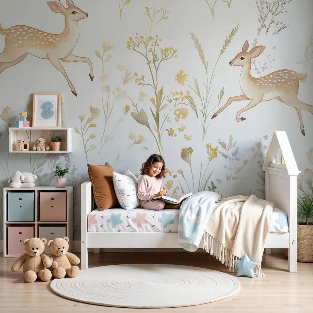 Deer meadow mural wallpaper creating serene nursery atmosphere with watercolor fawns by Kids-Mundo