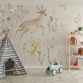 Graceful deer and floral mural wallpaper creating serene atmosphere in baby room