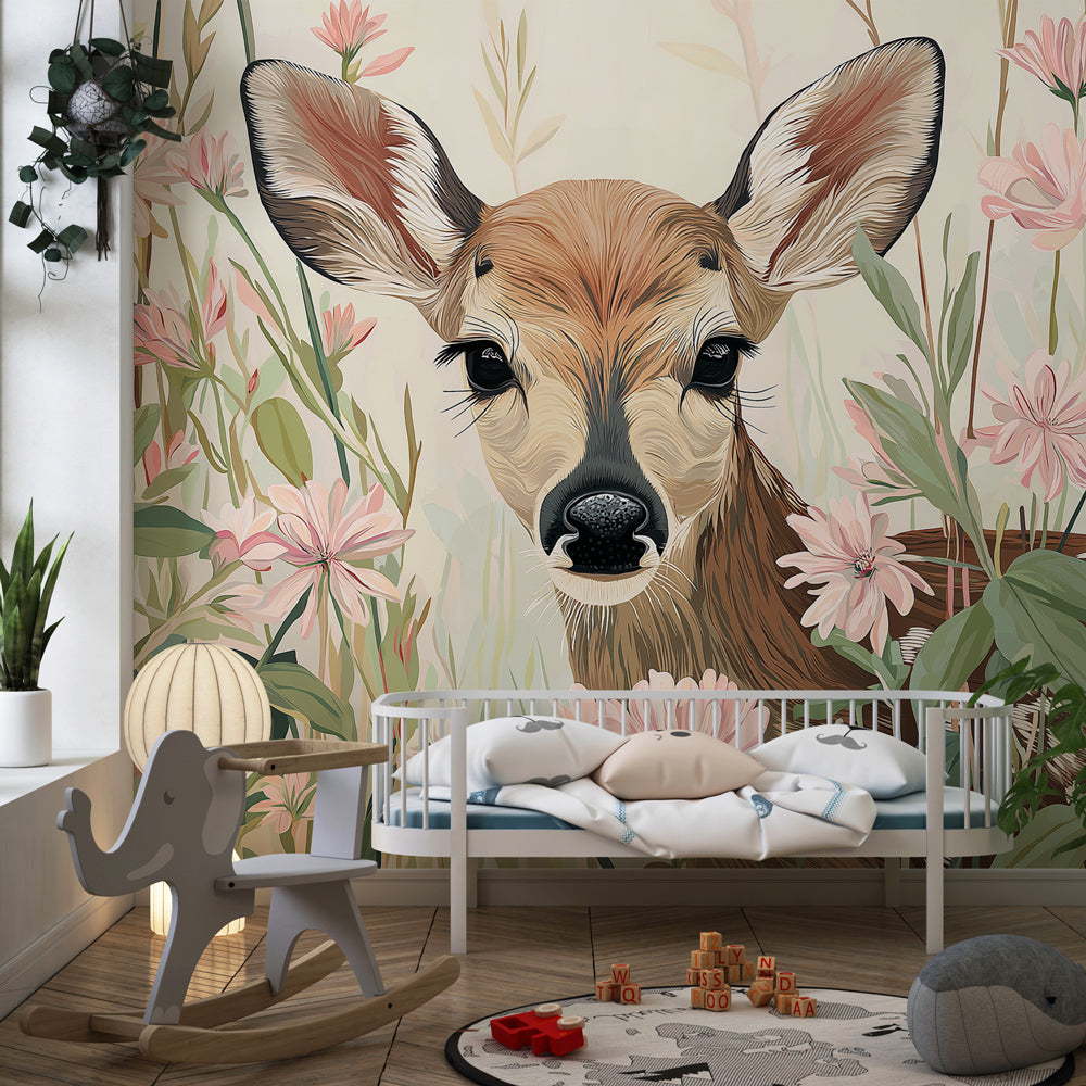 Woodland fawn mural wallpaper transforming baby room into gentle forest sanctuary