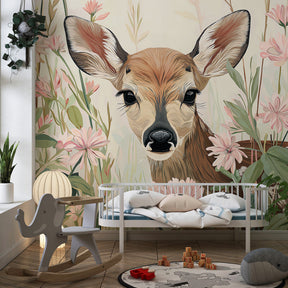 Woodland fawn mural wallpaper transforming baby room into gentle forest sanctuary