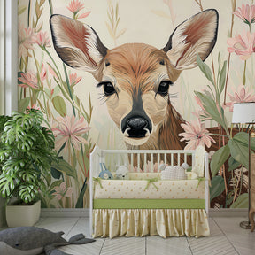 Floral deer wallpaper creating serene atmosphere in children's bedroom with natural decor