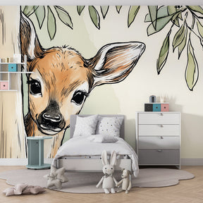 Woodland deer wallpaper creating magical forest atmosphere in children's bedroom