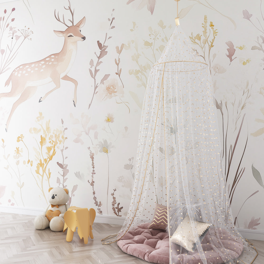 Beige and pastel deer wallpaper transforming toddler bedroom into woodland sanctuary