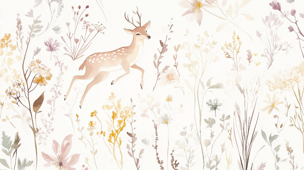 Detailed enchanted deer and pastel flowers mural wallpaper design pattern by Kids-Mundo
