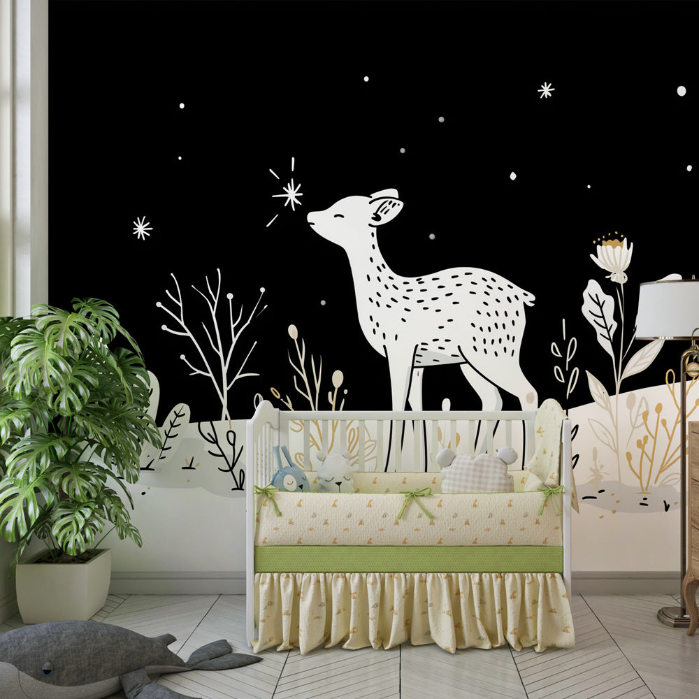 Dreamy deer and stars mural wallpaper for peaceful children's bedroom decor