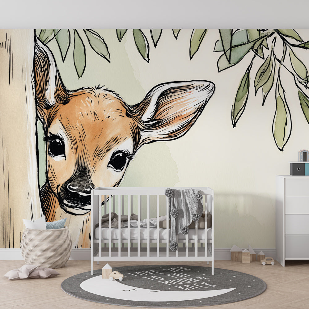 Fawn behind tree mural wallpaper showcasing gentle woodland design in kids room