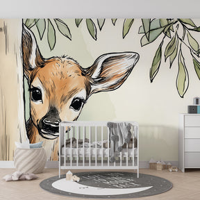 Fawn behind tree mural wallpaper showcasing gentle woodland design in kids room