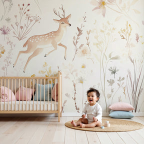 Enchanted deer mural wallpaper with pastel flowers in modern baby nursery by Kids-Mundo