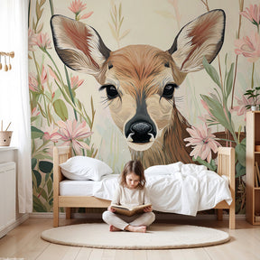 Baby deer mural wallpaper with fawn and flowers in peaceful nursery setting by Kids-Mundo