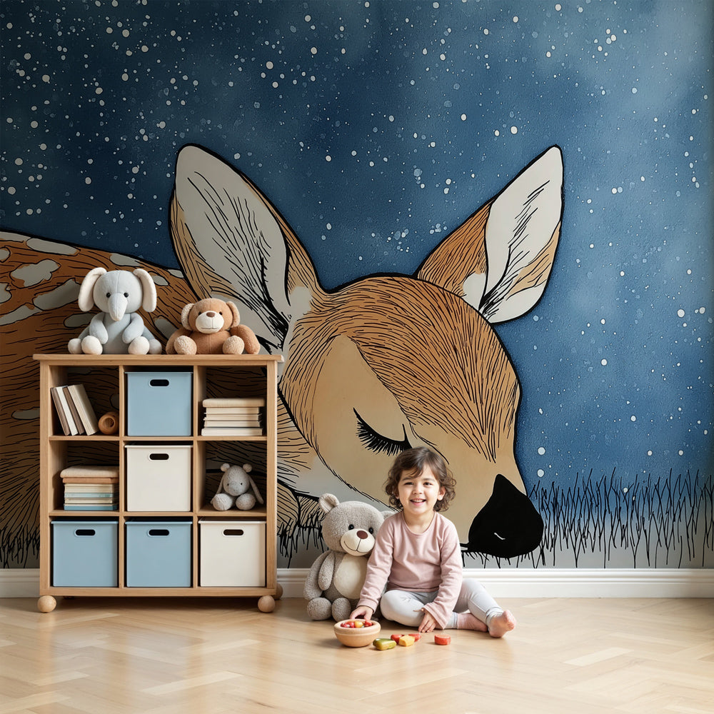 Sleeping deer mural wallpaper creating peaceful nursery atmosphere with starry sky design by Kids-Mundo