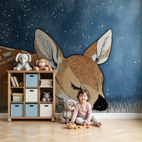 Sleeping deer mural wallpaper creating peaceful nursery atmosphere with starry sky design by Kids-Mundo