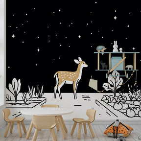 Night forest deer wallpaper with twinkling stars in cozy children's bedroom setting